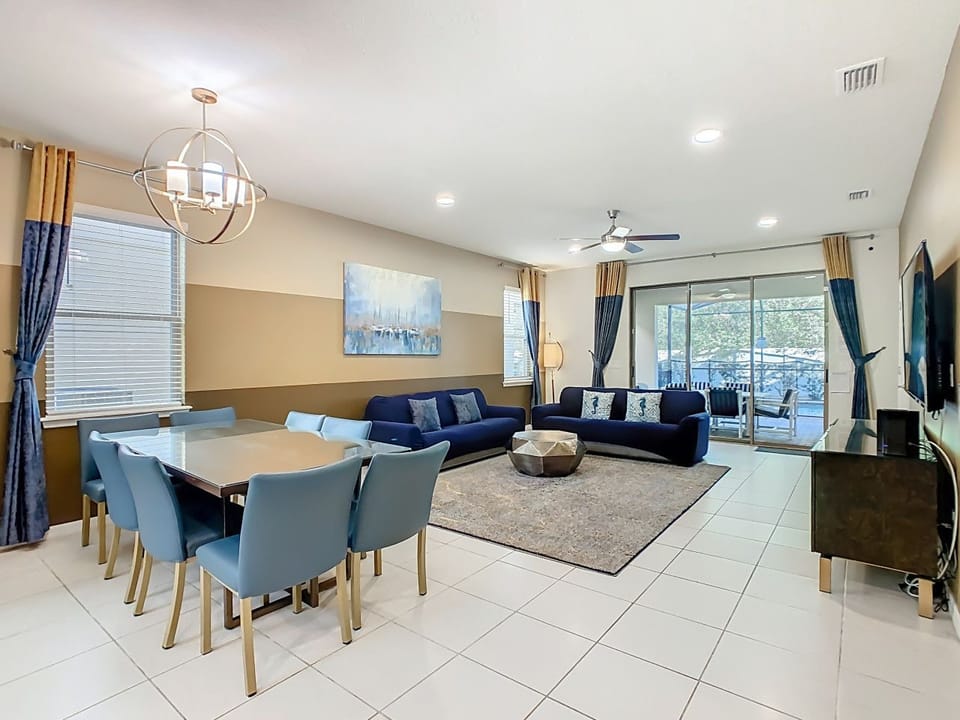 Dining area with seating for the whole group, open to the living room
