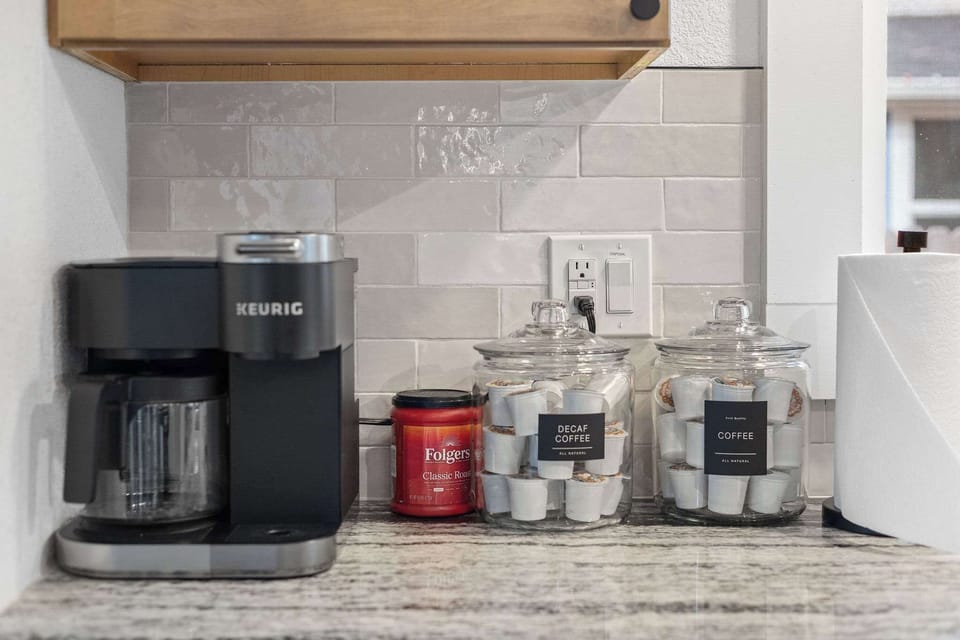 The home has a Keurig duo, which can make a cup or a pot of coffee, and is always stocked with coffee, cream and sugar. 