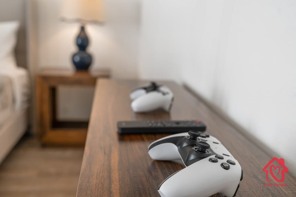 Sleek home office with dual monitors and ergonomic chair.