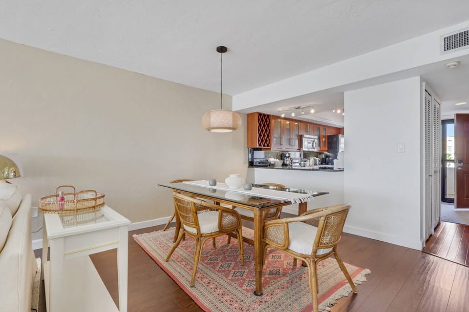 A pass through counter between the dining area and kitchen is great for entertaining.