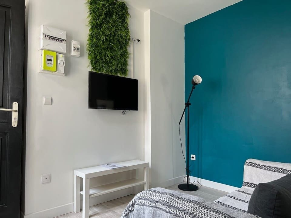 Télévision murale, rangements blancs et mur végétal décoratif — vue du séjour dans le studio Le Coquet