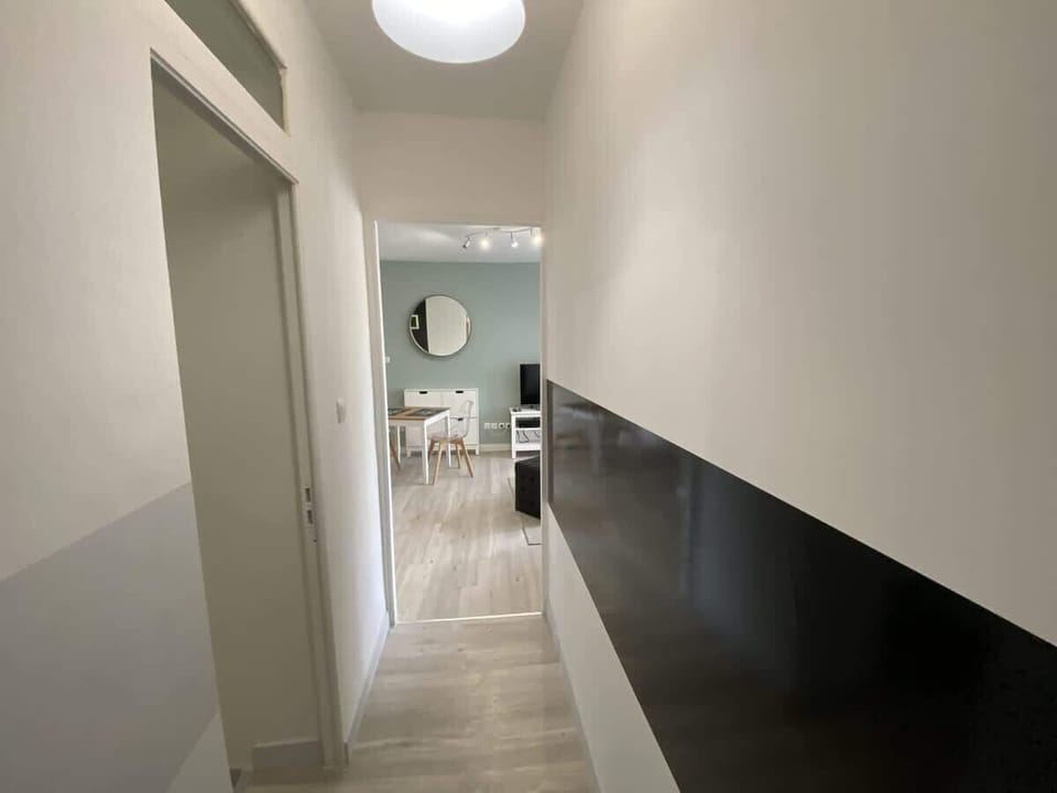 Entrée et couloir menant vers le séjour, soubassement noir et plafonnier moderne