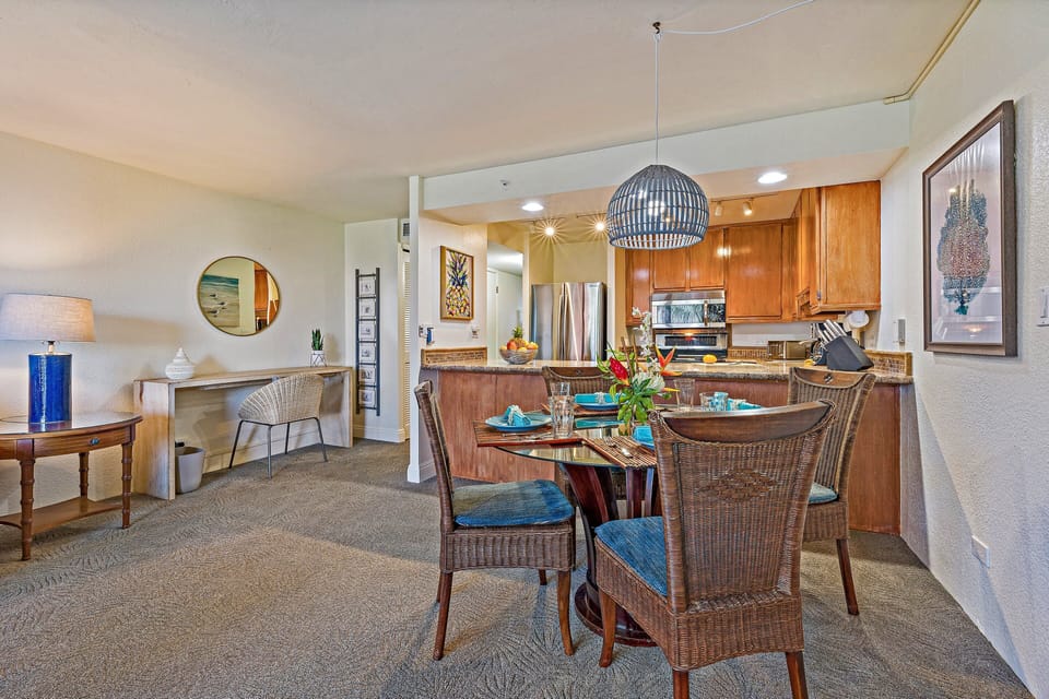 An open-concept layout that connects the kitchen, dining, and workspace, perfect for staying social while you cook or catch up on emails.