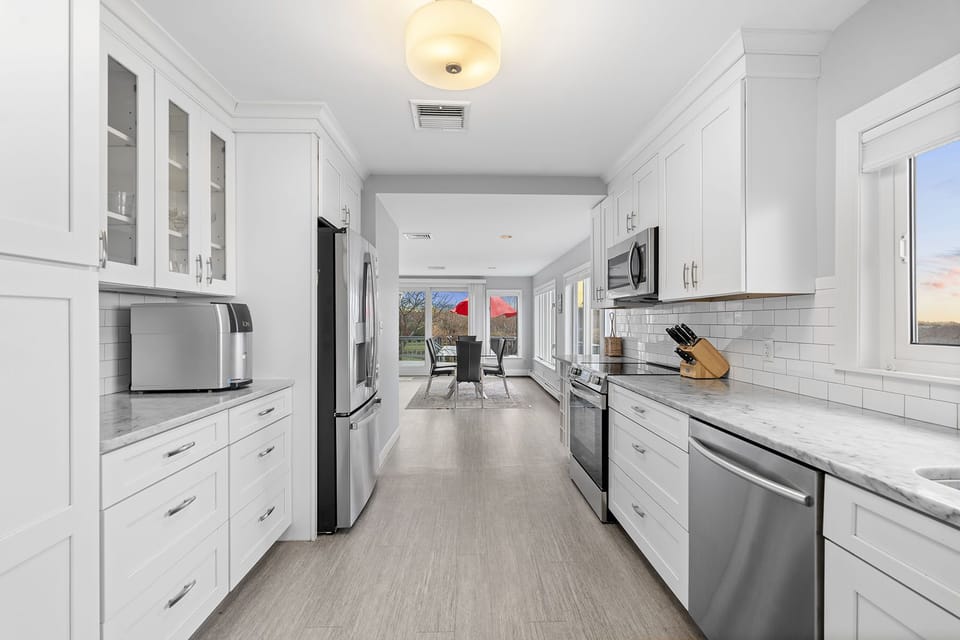 The kitchen has ample storage and counter space.