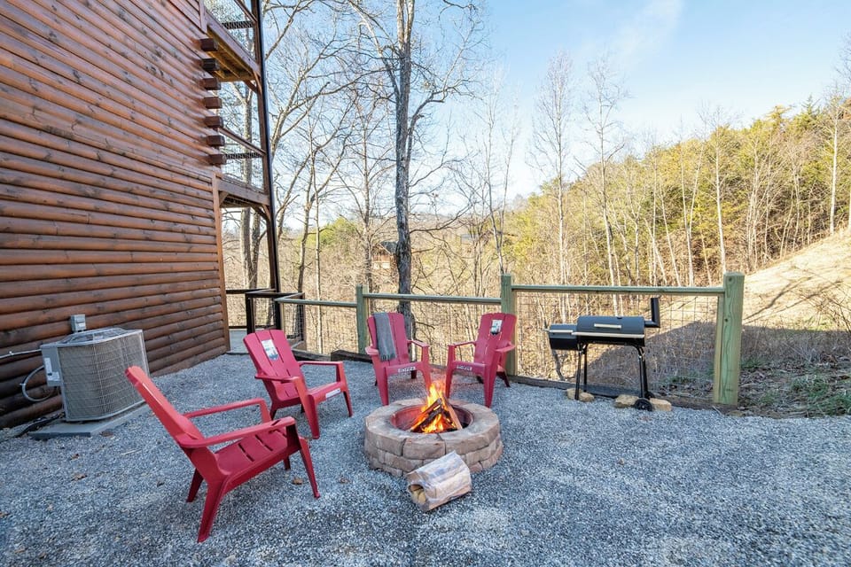 Gather around your fire pit with cozy chairs, perfect for roasting marshmallows and sharing stories under the stars.