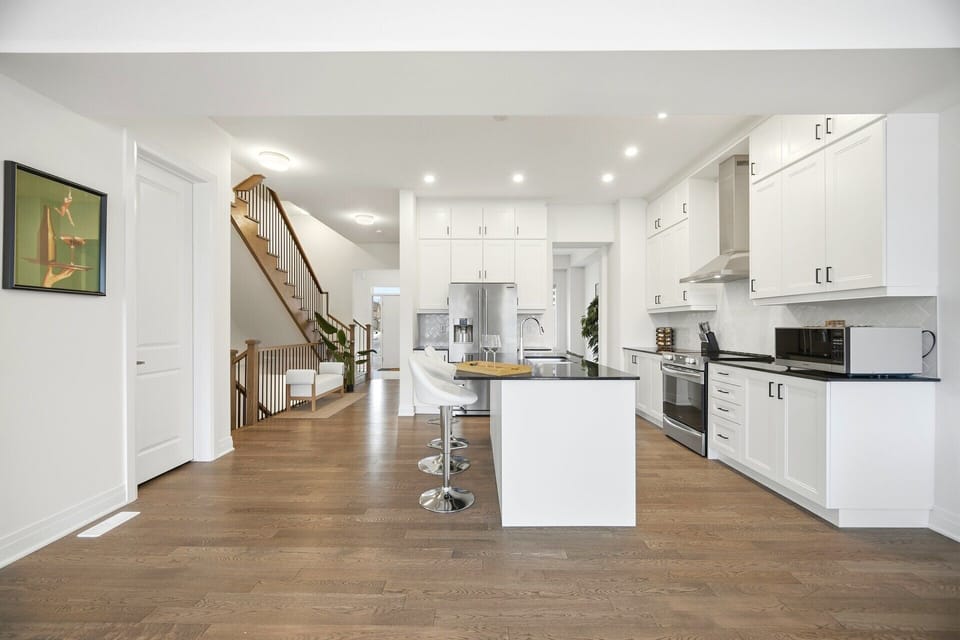 Massive kitchen island for meal prep or casual dining.