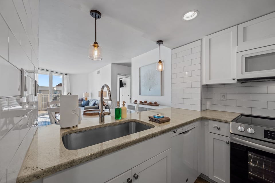 Bright kitchen flowing into the living area