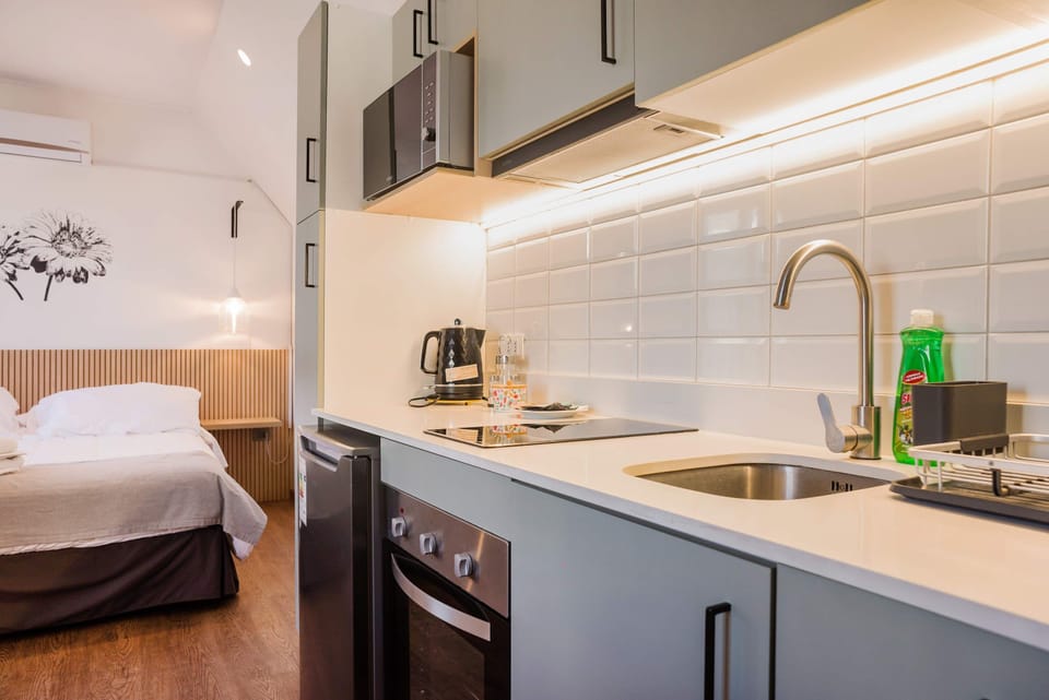 Modern studio kitchen with sleek appliances and cozy sleeping area, perfect for a comfortable stay.