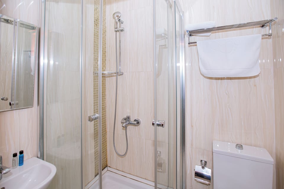 Eco-friendly toiletries, hair dryer, slippers, towels