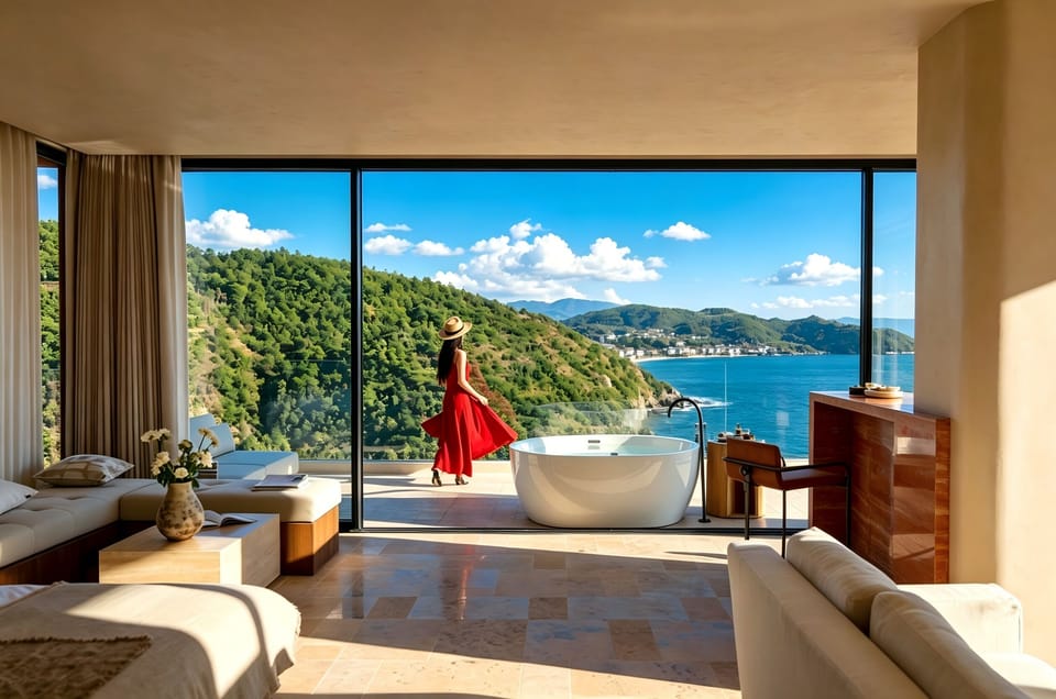 Superior Suite, Patio, Sea View | Minibar, desk, laptop workspace, blackout drapes