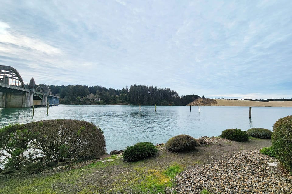 A view of a dune is across the river.