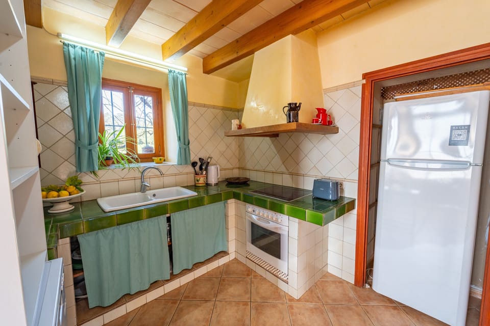 Rustic fully equipped kitchen with green countertop, appliances and natural light at Villa Sa Mata in Mallorca.