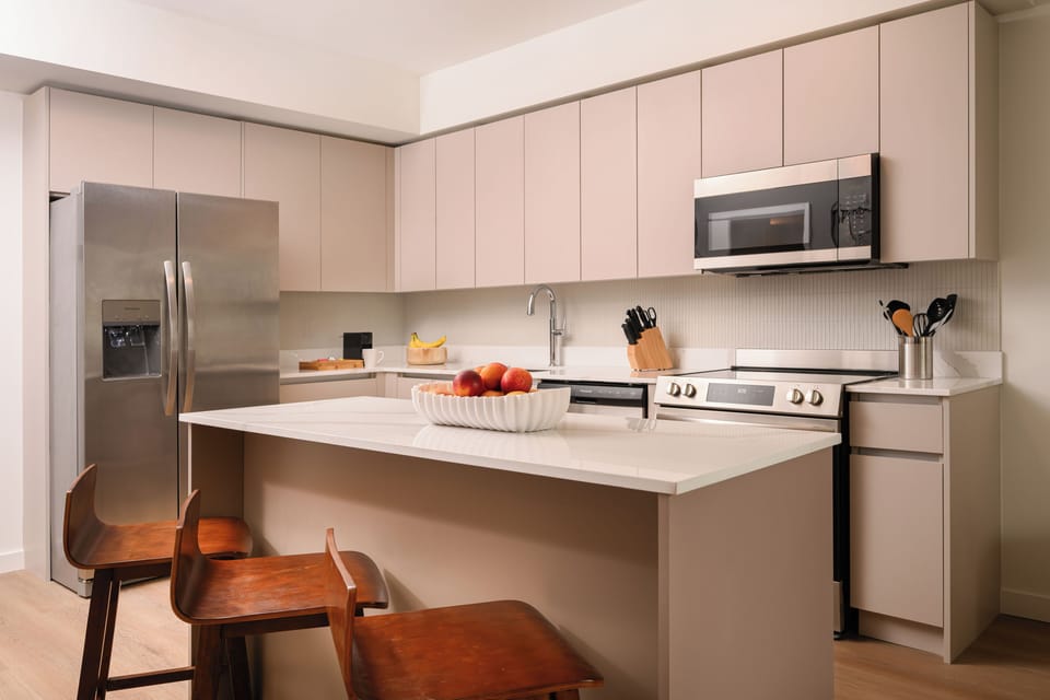 Modern kitchen stocked with essentials.