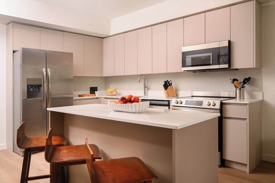 Modern kitchen stocked with essentials.