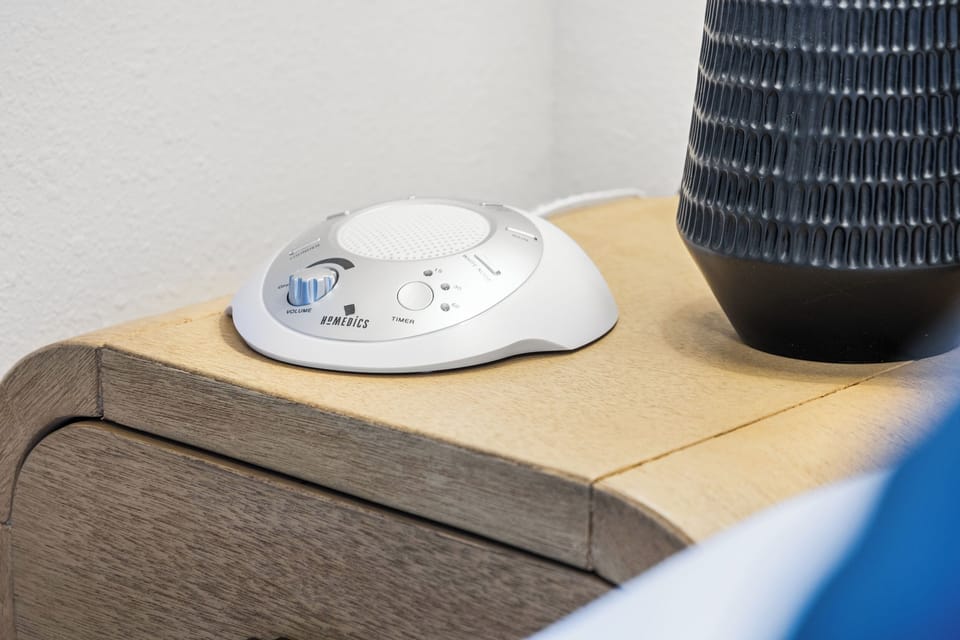 Both bedrooms are equipped with white noise machines.