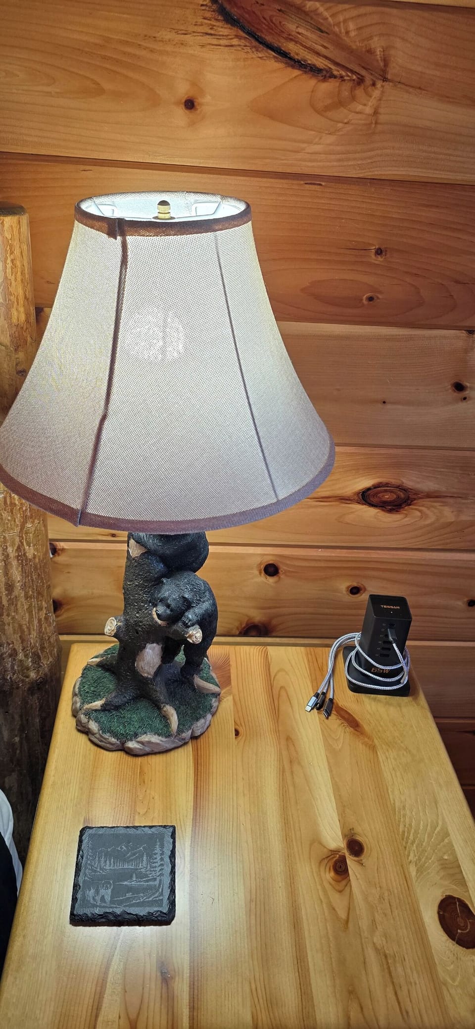 Rest easy in your rustic retreat where charming cabin details meet modern convenience—complete with thoughtful charging station for staying connected.