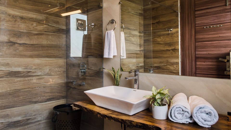 Shower, slippers, towels, soap