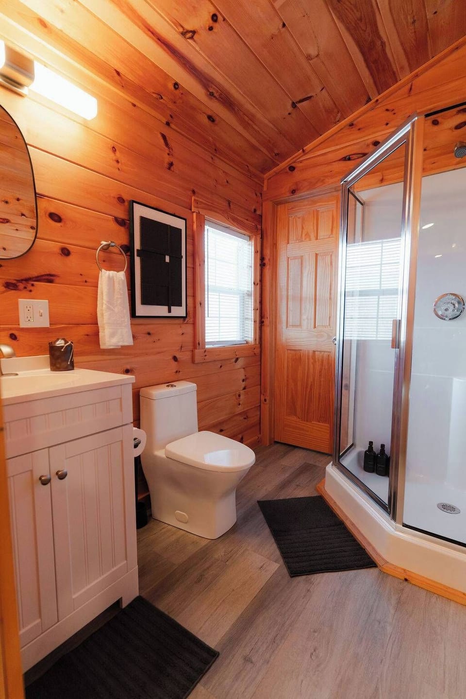 Bathroom Retreat: Experience rustic charm with modern amenities and natural light!
