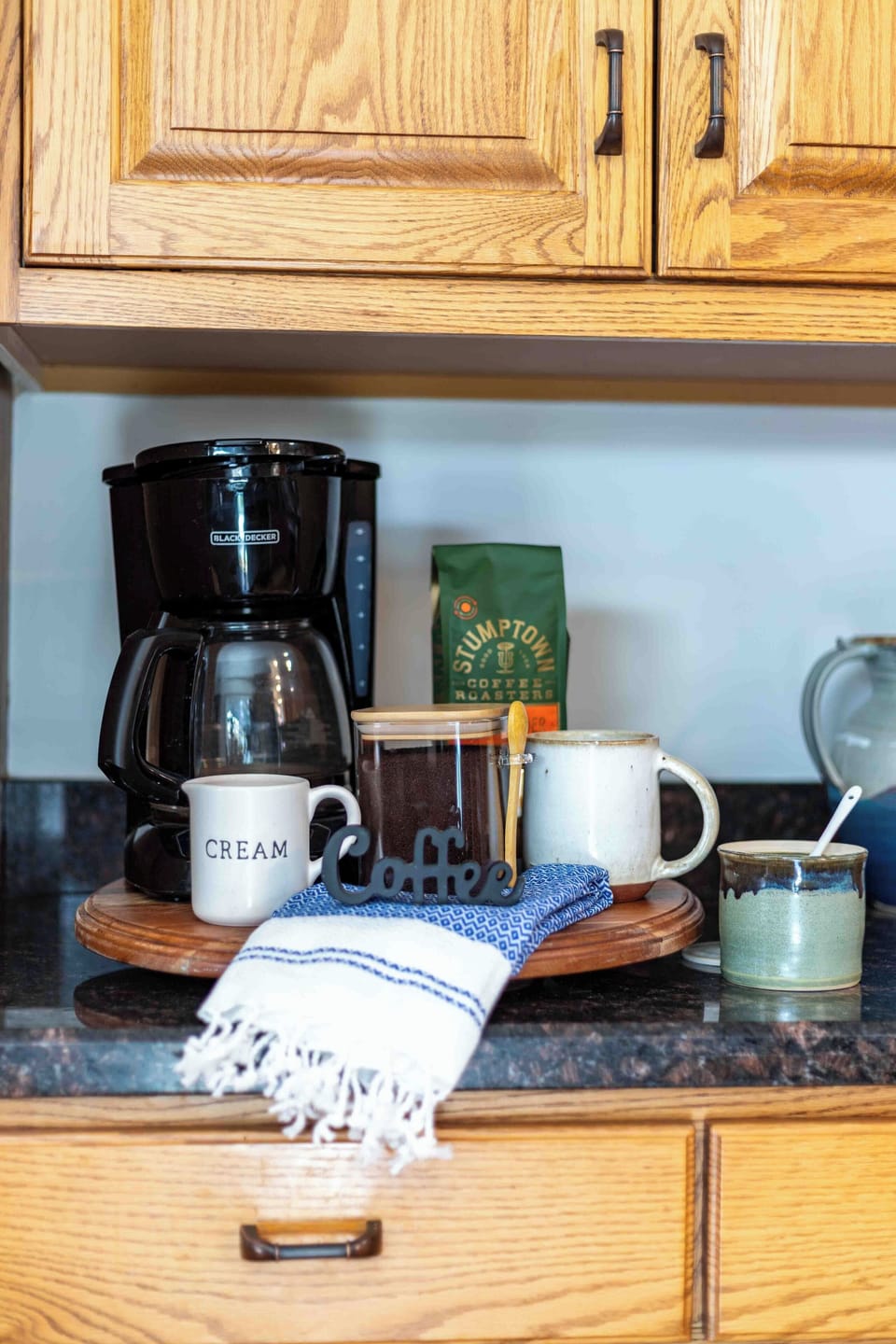 Fully stocked coffee station for your morning brew.