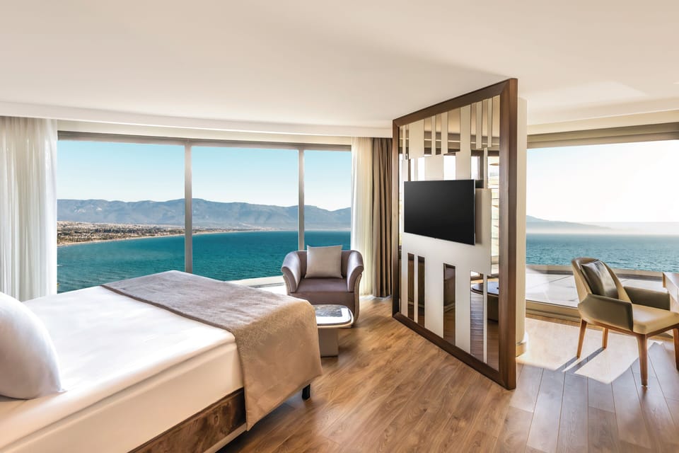 Panoramic Double Room, Balcony, Sea View | Premium bedding, free minibar, in-room safe, blackout drapes