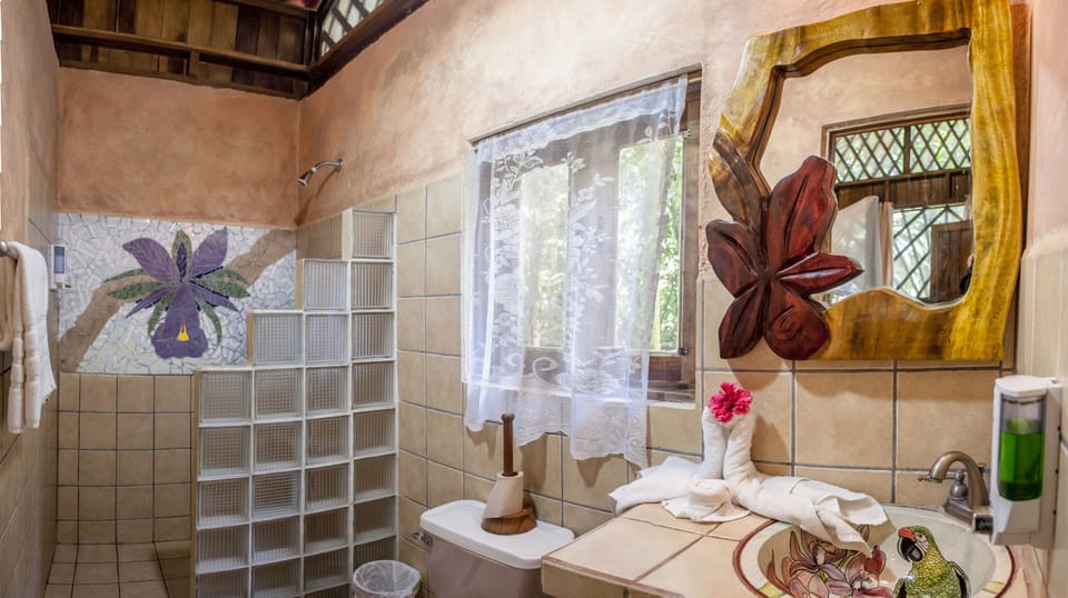 Shower, free toiletries, towels, soap