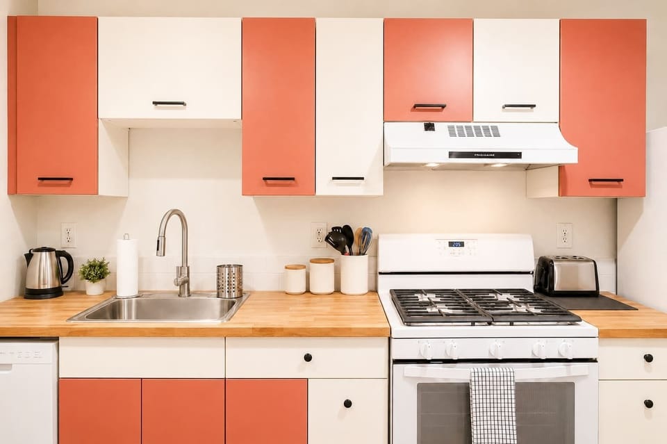 Fully equipped kitchen with modern appliances and essentials for preparing meals at home, whether you're cooking breakfast before heading out or enjoying a quiet dinner in.