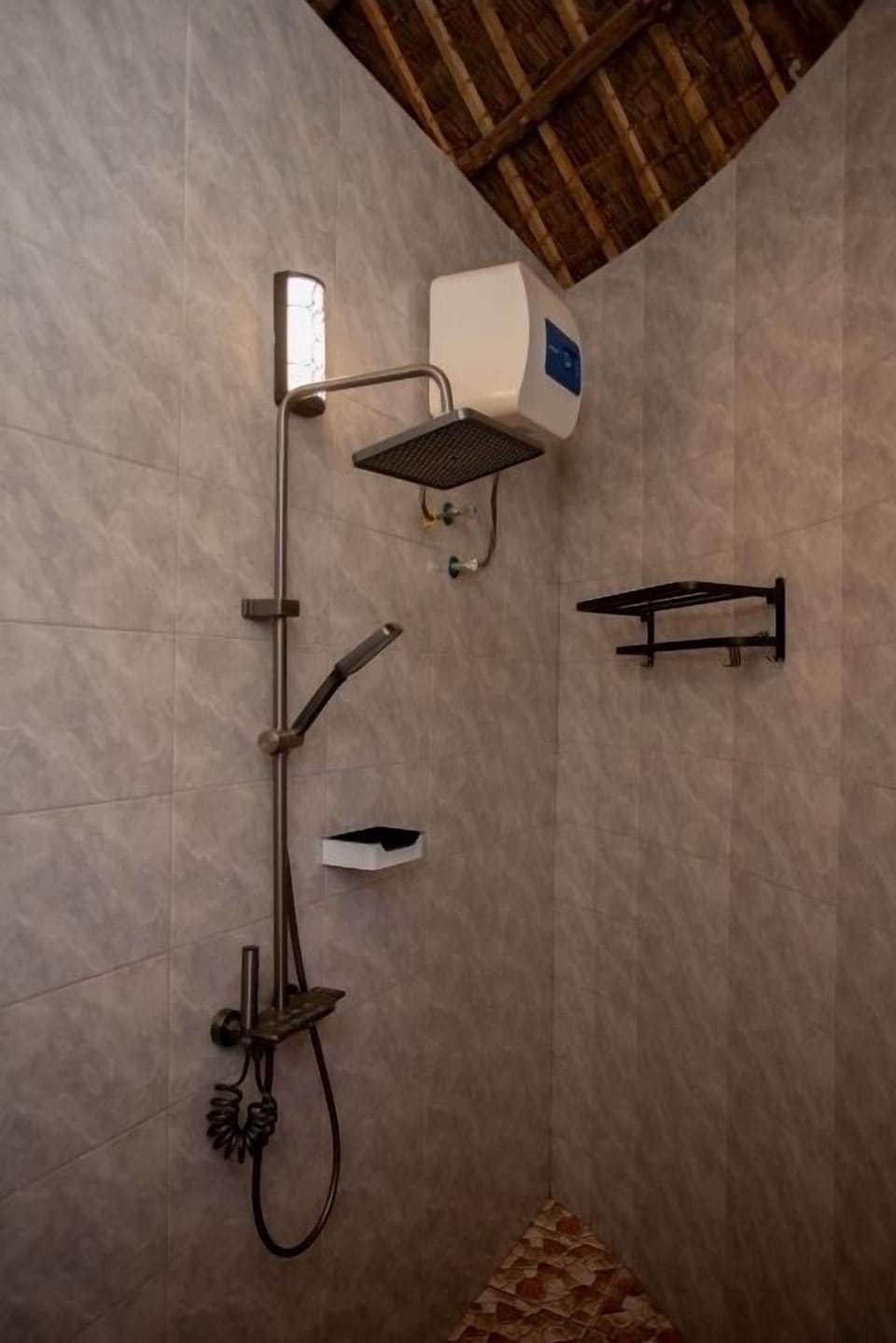 Shower, slippers, soap, toilet paper