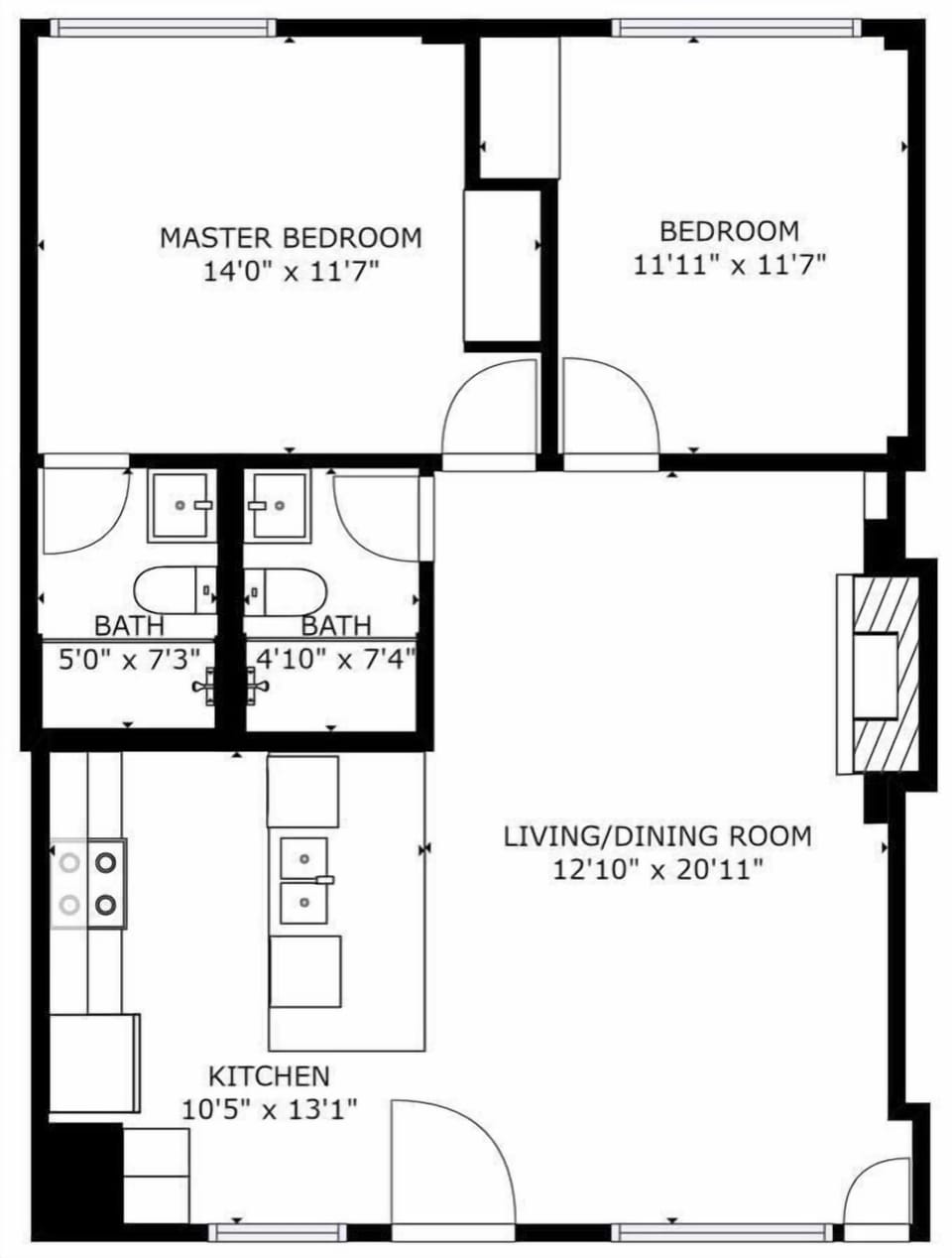 Review this detailed floor plan showing two bedrooms, two baths, full kitchen, and spacious living area for your stay.
