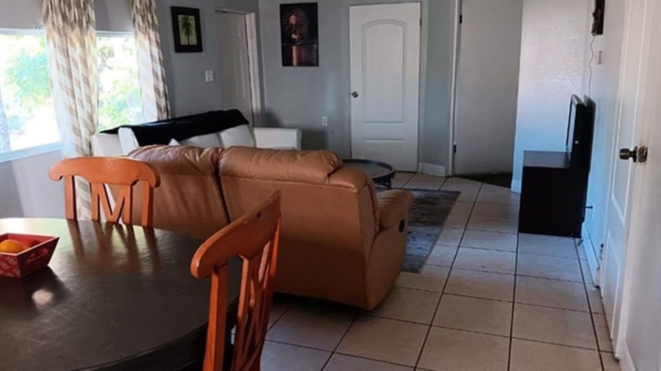 Living and dining area with sofa, TV, and natural light