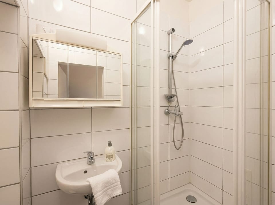 Basic Apartment | Bathroom | Shower, free toiletries, hair dryer, towels