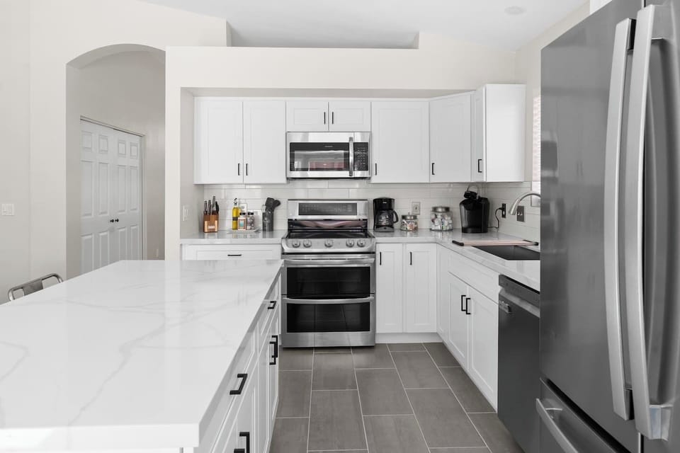 Our kitchen has been remodeled with nice appliances and everything you need to enjoy home cooked meals together.