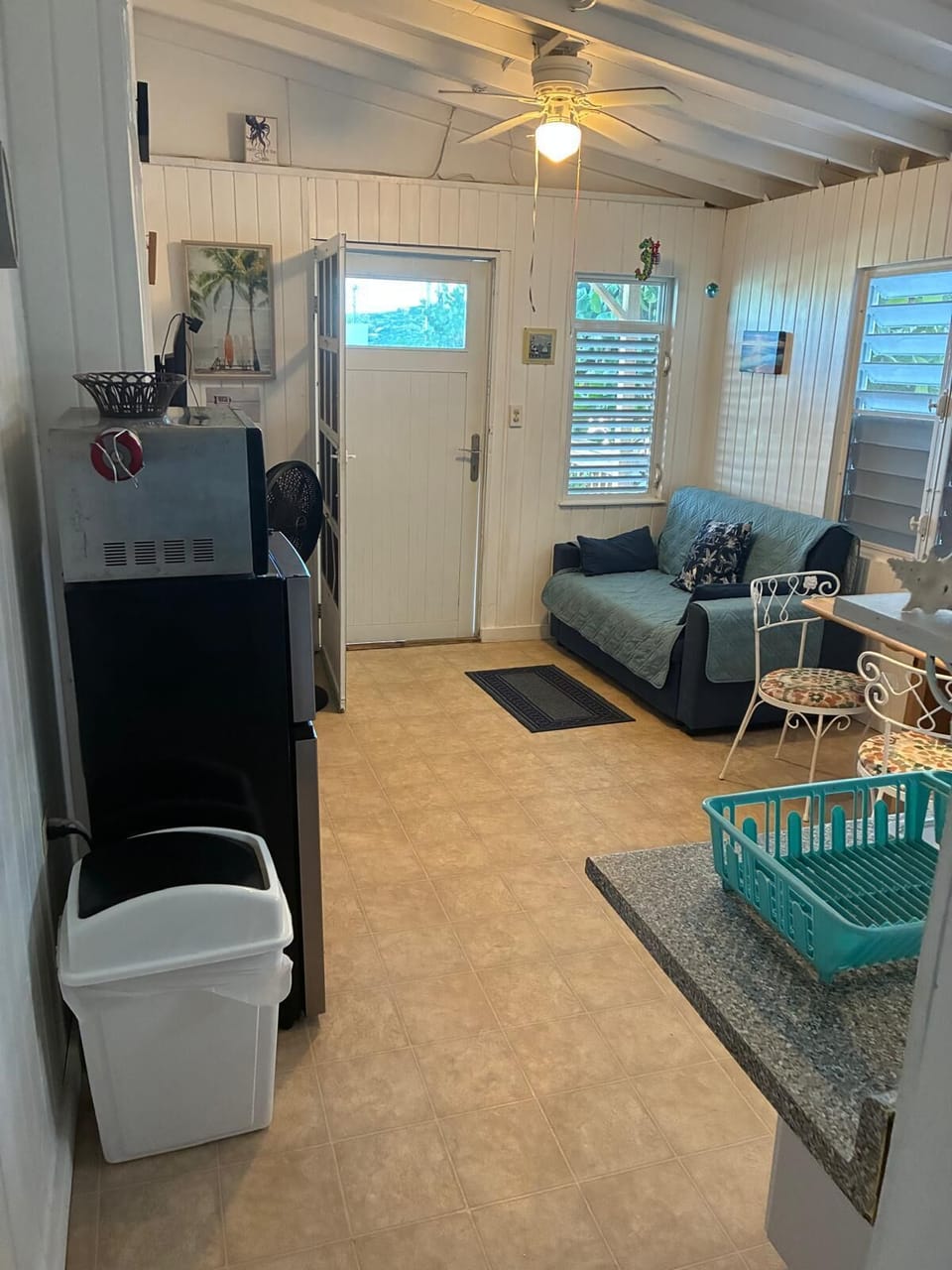 Inside layout when one opens front door/living space with futon for extra sleep