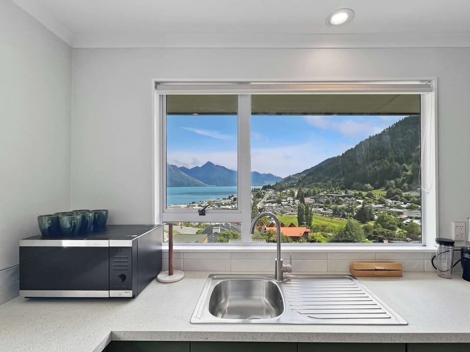 Modern kitchen with scenic mountain outlook