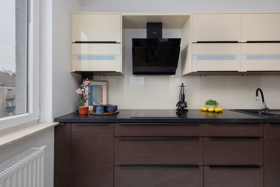Fully equipped modern kitchen with built-in appliances.