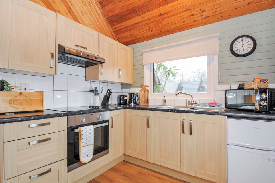 Fridge, microwave, toaster, cookware/dishes/utensils