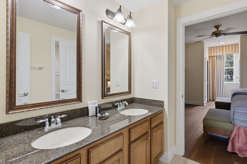 Dual mirrors and generous counter space make busy park-day mornings a little easier.