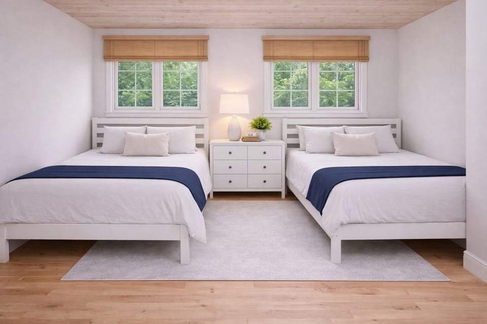 Two queen beds with feather pillows and duvets