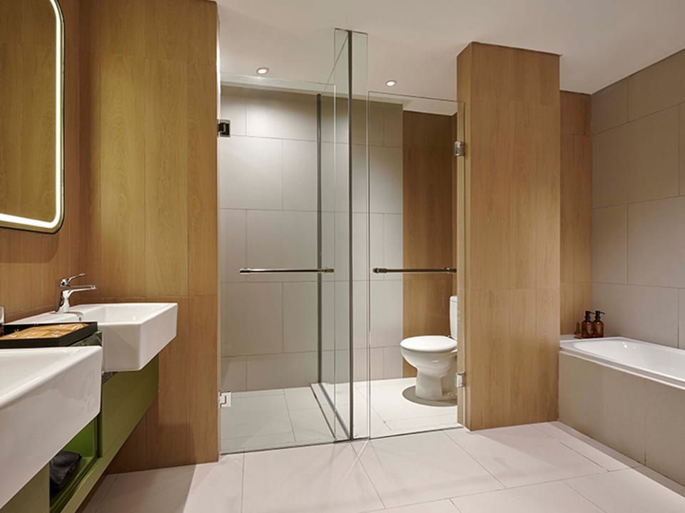 Suite | Bathroom | Shower, hair dryer, towels, soap