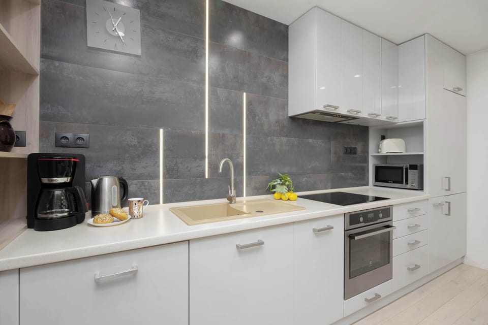 The dishwasher ensures easy cleanup after meals.