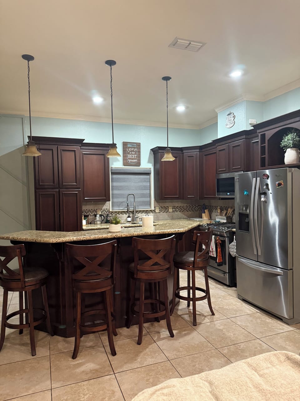 Gas stove, microwave, plates, cups and everything you need to make you meals. 