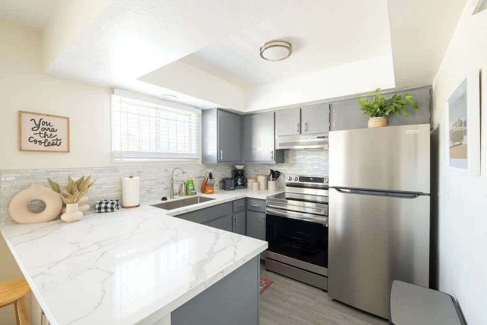 The modern kitchen comes fully equipped with everything you need
