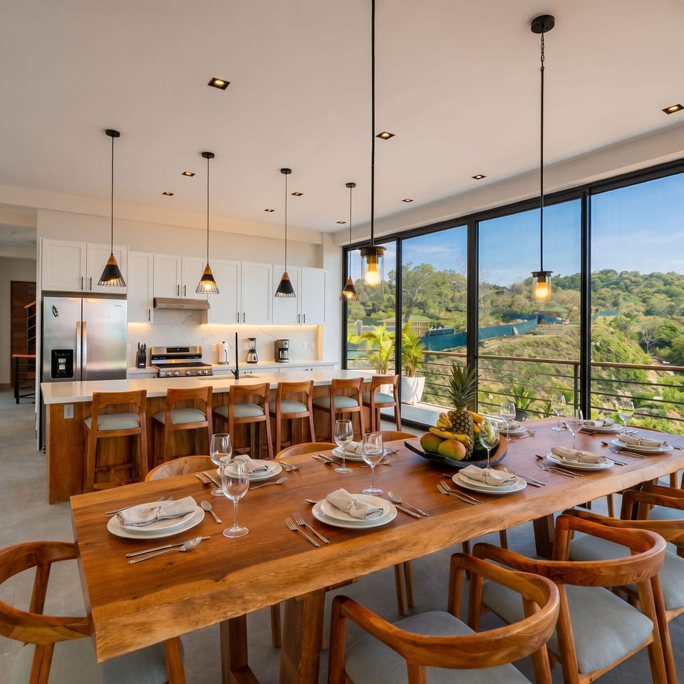 Open-concept living, kitchen and dining area with panoramic ocean views.