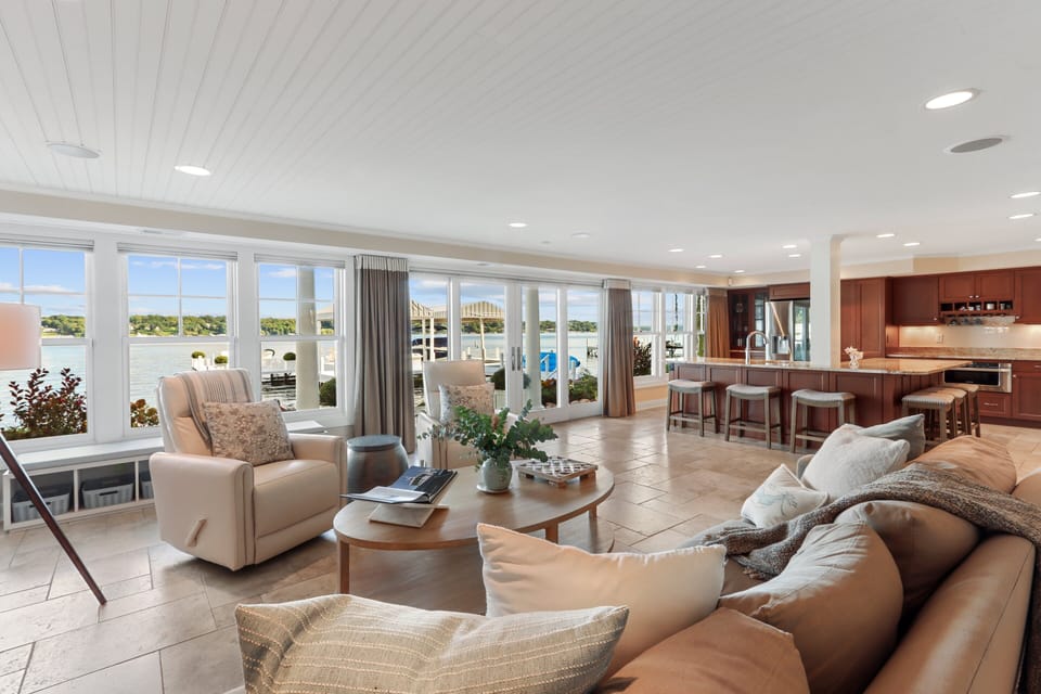 First floor living area, patio, lakefront