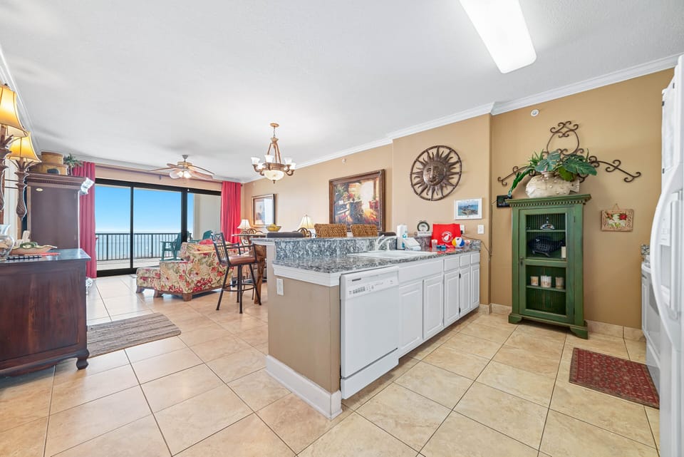 Kitchen overlooks the living area