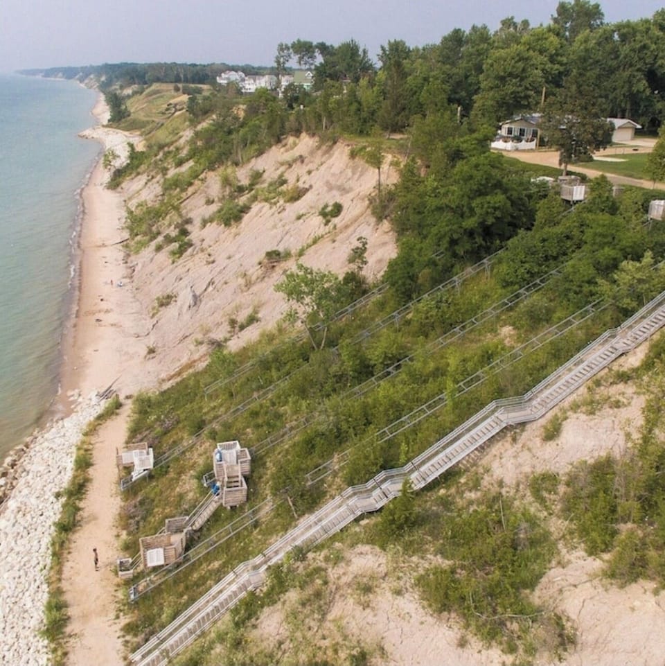 Our bluff showing stairs and trams to the beach.   