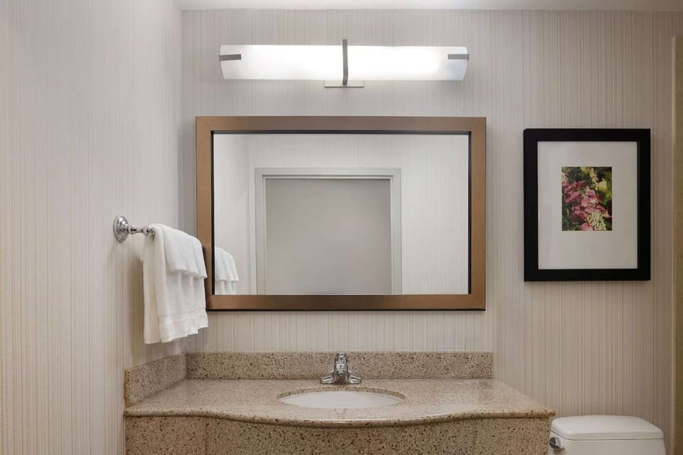 Bathroom sink with mirror, bright light, and fresh towels