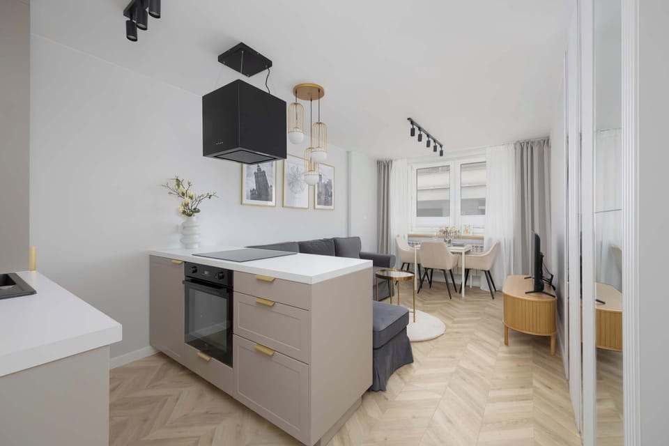 Open kitchen and living space with island.