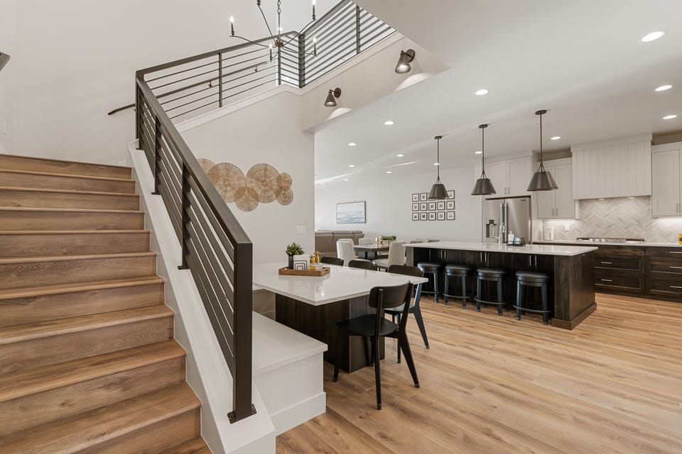 Large kitchen and dining area for cooking and eating.