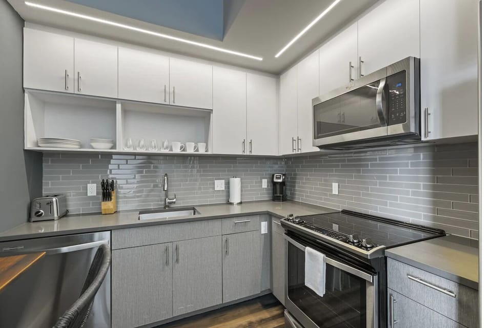 Cook with ease using stainless appliances and ample counter space.