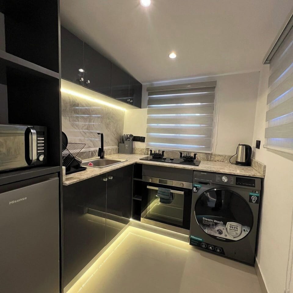 Family Apartment, Balcony, City View | Private kitchen | Fridge, microwave, oven, stovetop